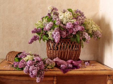 Lilac in wicker basket - pretty, lilak, beautiful, spring, lovely, flower, still life, bouquet, basket, scent