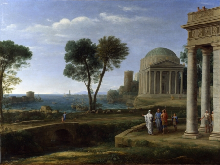 Landscape with Aeneas at Delos - claude lorrain, pictura, aeneas, painting, art, tree