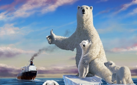 Polar Bear Family Thumbing - Polar, Water, Funny, Bears, Ships, White