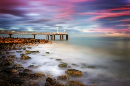 Pier at Sunset - nature, horizon, beach, pier, clouds, shore, sunset, sea