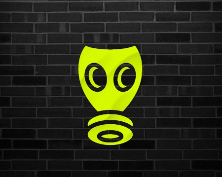 gasmask - black, gizzzi, gasmask, yellow, brick, labrano, wall