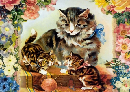 Sweet Cat And Kittens - bow, animals, flowers, cat, kittens