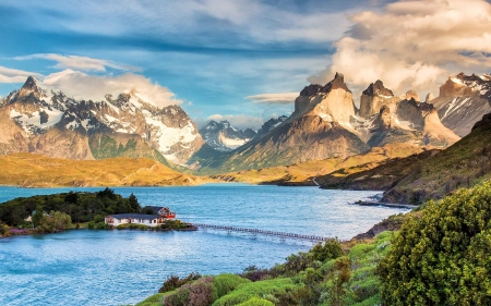 Norwegian Fjord - sky, houses, clouds, island, water, mountains, bridge