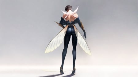 Fairy - black, girl, xuan hao, wings, white, fantasy, back, fairy, luminos