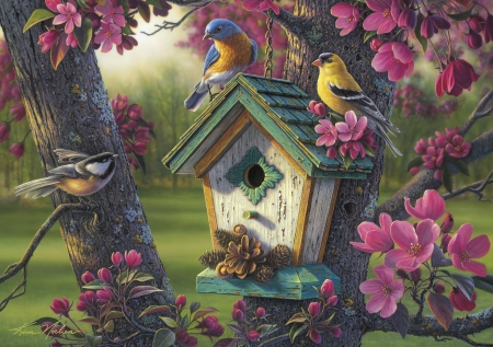 Springtime - spring, bird, pasare, painting, art, yellow, pink, kim norlien, pictura, green, house, flower