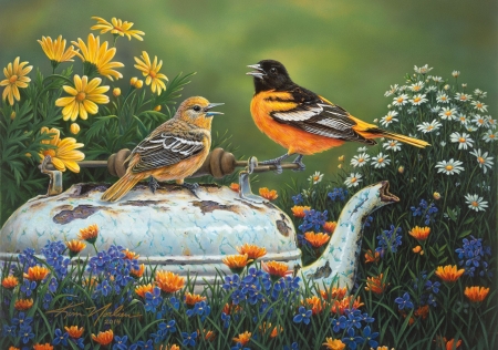 Birds - bird, yellow, summer, blue, flower, pictura, painting, pasare, kim norlien, vara