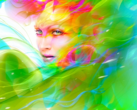 Spring breeze - breeze, girl, spring, neville dsouza, pink, colorful, fantasy, green, luminos