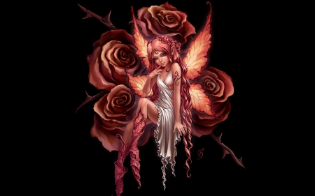 Fairy - anna ignatieva, girl, orange, fairy, black, fantasy, rose, flower