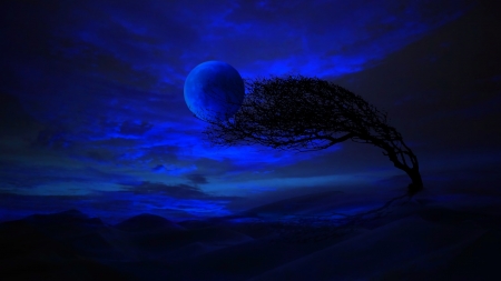 Blue moon - moon, fantasy, blue, cloud, night, luna