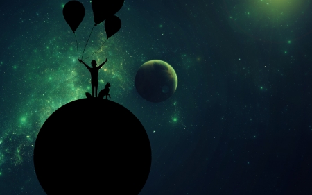 ♥ - moon, balloon, planet, silhouette, cat, boy, black, fantasy, world, green, luminos