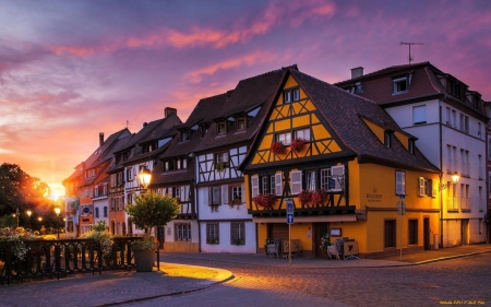 Sunset in Colmar, France - street, France, sunset, town, houses