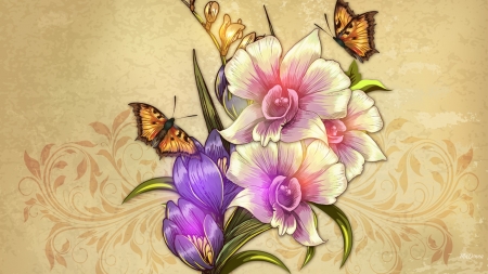 Summer Vintage - summer, butterflies, spring, bouquet, flowers, Firefox Persona theme, vintage, lights, floral