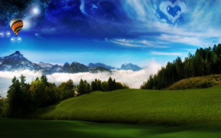 Heart in the Sky - hot air balloon, clouds, trees, heart, fog, grass, stars