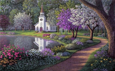 Little White Church Flowers And Pond