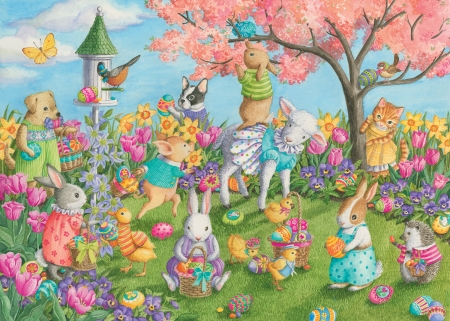 Happy Easter! - yellow, blue, blossom, spring, flower, pink, bunny, tree, cat, easter, colorful, fantasy, pisica, t, green, egg