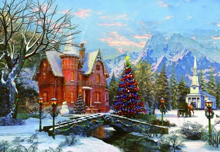 Christmas - winter, snow, tree, christmas, pictura, craciun, painting, art, bridge