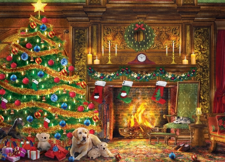 Christmas - painting, craciun, art, dog, room, pictura, tree, christmas