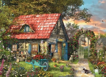 Cottage - dominic davison, caine, cat, cottage, art, pisica, pictura, painting, dog