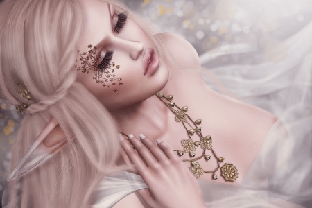 Elf beauty - rendering, elf, girl, jewel, frumusete, fantasy, face, pink, hand, luminos