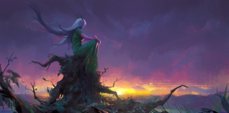 Sunset - purple, fantasy, kevin hou, yellow, sunset, girl, art, horns