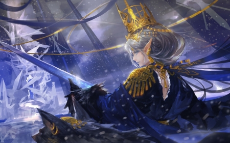 Sword regalia - blue, queen, crown, girl, pixiv fantasia, fantasy, sword regalia, golden, art