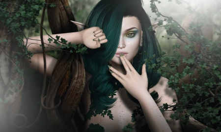 Elf girl - elf, frumusete, fantasy, green, rendering, girl, forest, luminos