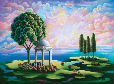 Heaven - painting, pavilion, art, cloud, pink, blue, pictura, green, tree