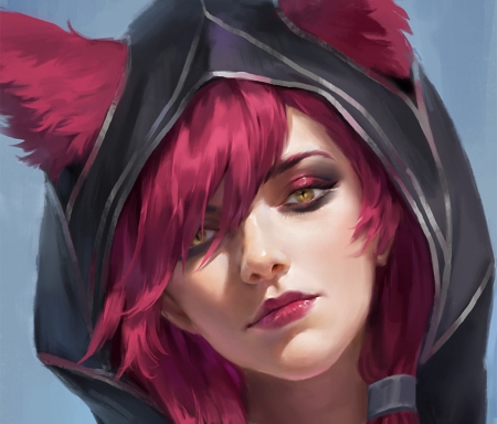 Ahri - face, pink, girl, fox, blue, art, ahri, fantasy, xiao xiao, luminos