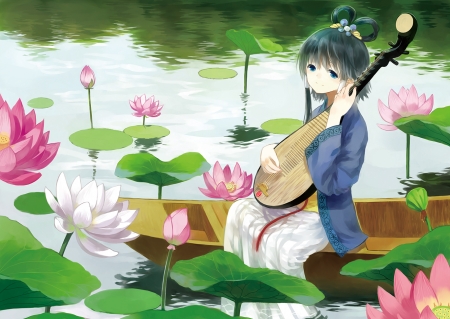 Luo Tianyi - lotus, anime, water, luo tianyi, summer, girl, pink, manga, instrument, green, lake