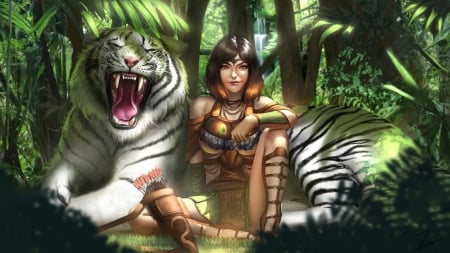 Girl with tiger - fantasy, tiger, amazon, girl, kiera