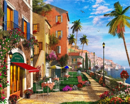 ♥ - summer, street, pictura, holiday, painting, place, art, vara, palm tree