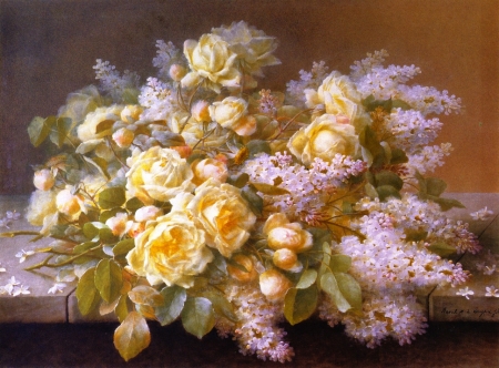 Flowers - yellow, lilac, flower, pink, still life, pictura, painting, rose, art