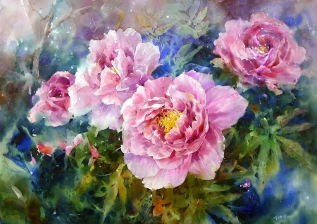 Peonies - painting, art, pink, luminos, peony, pictura, bujor, flower