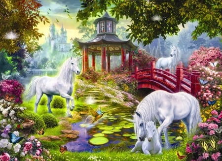 Unicorns - white, fantasy, pink, luminos, pavilion, unicorn, green