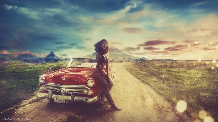 â™¥ - car, girl, vintage, red, road, fantasy