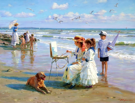 On the beach - summer, beach, girl, sea, dog, children, pictura, painting, woman, caine, alexander averin