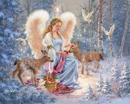 Angel - winter, girl, angel, forest, fantasy, animal, dona gelsinger, wings, art