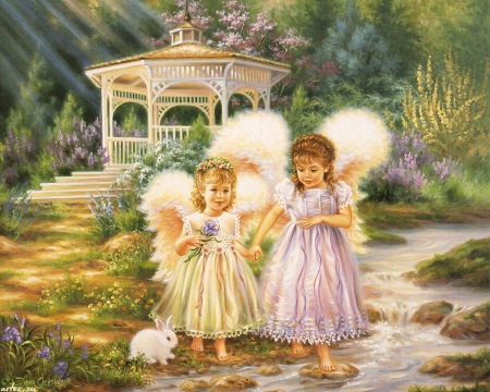 Angels - art, dona gelsinger, girl, children, angel, copil, bunny, fantasy