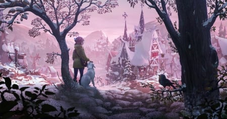 First snow - winter, snow, girl, dog, pink, fantasy, first, caine, art, gabriel gomez, luminos