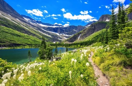 Mountain lake - hills, beautiful, spring, grass, mountain, wildflowers, trail, lake, sky