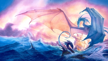 Dragons Dancing - sky, ship, art, sailship, sea