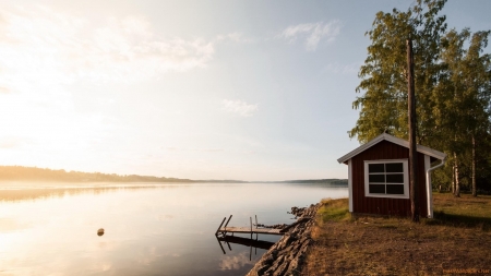 Hut on the Lakeside - house, trees, nature, lake, hut, sky