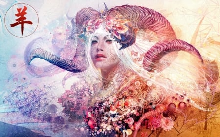 Zodiac ~ Aries - creature, fantasy, aries, girl, flower, zodiac, pink, horns