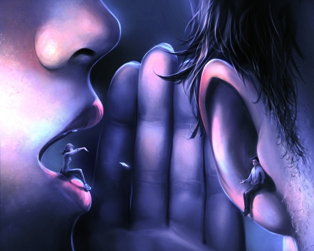 Whisper - ear, couple, fantasy, whisper, aquasixio, art, pink, hand, luminos, blue