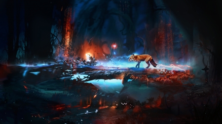 Solitude - fox, desktopography, luminos, blue, orange, vulpe, t1na, fantasy