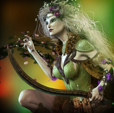 Druidess - druidess, fantasy, green, rendering, girl, luminos