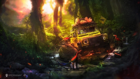 :D - desktopography, forest, dinosaur, car, luminos, fantasy, creatuve