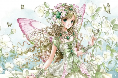 Fairy - girl, shiitake, fantasy, pink, anime, green, fairy, flower, manga