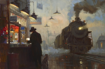 Train station - train, painting, station, art, man, pictura