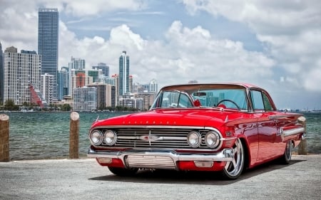 The Chevrolet Impala - red, chevrolet, car, water, city, impala